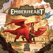 Emberheart - Board game box with fantasy art of a red dragon and warrior in front of a medieval village under a cloudy sky.