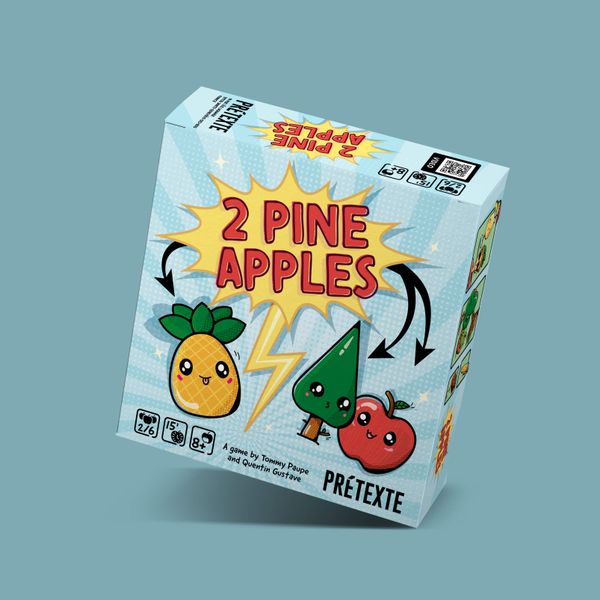 2 PineApples (PREORDER) - Colorful game box with cartoon pineapple, tree, and apple characters, playful font, and light blue background.