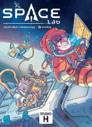 Space Lab (PREORDER) - Colorful board game box cover with cartoon astronaut and robot floating in space above a spaceship, featuring a large.