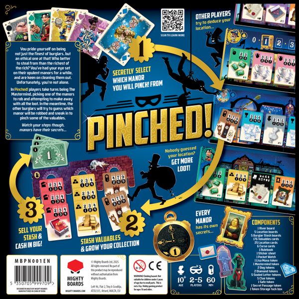 Pinched! - Colorful board game box with bold yellow "Pinched!" title, card illustrations, and gameplay steps displayed on a blue.