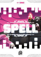 Spell (PREORDER) - Abstract board game box with bold white text "SPELL" on a black and purple gradient background featuring pixelated digital.