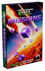 Terraforming Mars: The Dice Game – Missions (PREORDER) - The Dice Game – Missions box with vibrant purple and orange space-themed artwork and floating transparent dice.