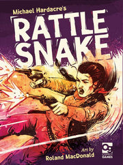 Rattlesnake (PREORDER) - Card game box with dynamic comic-style art showing a woman aiming two pistols amid action lines, purple and orange color.