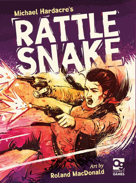 Rattlesnake (PREORDER) - Card game box with dynamic comic-style art showing a woman aiming two pistols amid action lines, purple and orange color.