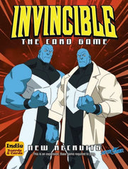Invincible: New Recruits Expansion (PREORDER) - Card game box featuring two blue-skinned muscular characters in white and black attire with bold yellow title "Invincible".