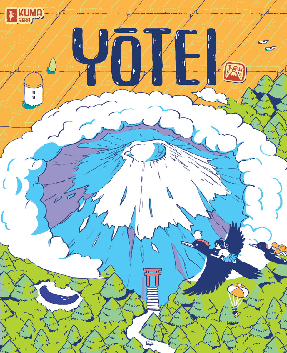 Yotei (PREORDER) - Colorful illustrated board game box cover featuring Mount Fuji surrounded by clouds, green forest, and a flying crow holding