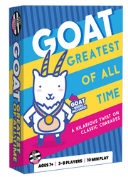 GOAT - Colorful GOAT party game box featuring a cartoon goat wearing a gold medal on a blue and yellow striped background.