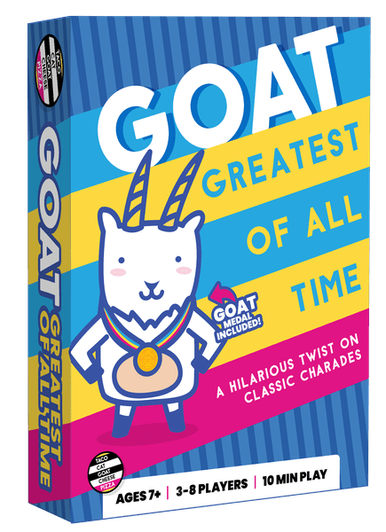 GOAT - Colorful GOAT party game box featuring a cartoon goat wearing a gold medal on a blue and yellow striped background.
