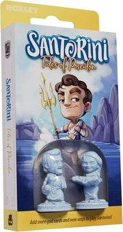 Santorini: Tides of Poseidon - Tides of Poseidon board game expansion box with cartoon Poseidon holding trident, blue and white colors, two miniature game.