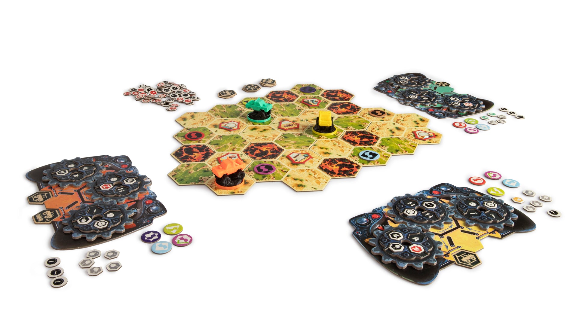 Crash Derby - Crash Derby board game with hexagonal terrain tiles, colorful tokens, and player mats arranged for multiplayer gameplay.