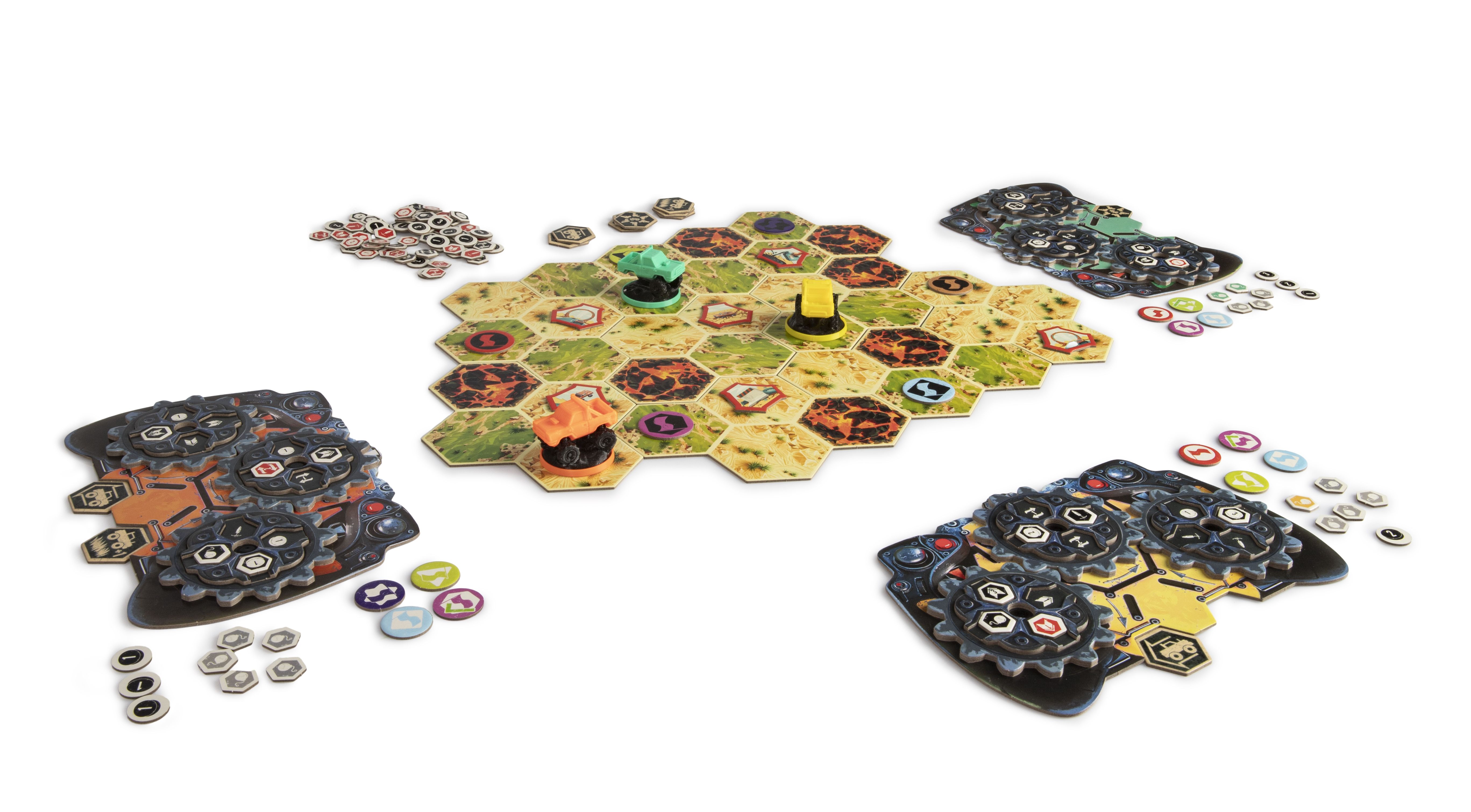 Crash Derby - Crash Derby board game with hexagonal terrain tiles, colorful tokens, and player mats arranged for multiplayer gameplay.