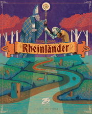 Rheinlander (PREORDER) - Colorful game box cover featuring two medieval figures in robes and hats with a winding river and geometric fields below,.