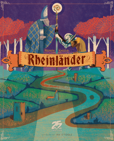 Rheinlander (PREORDER) - Colorful game box cover featuring two medieval figures in robes and hats with a winding river and geometric fields below,.