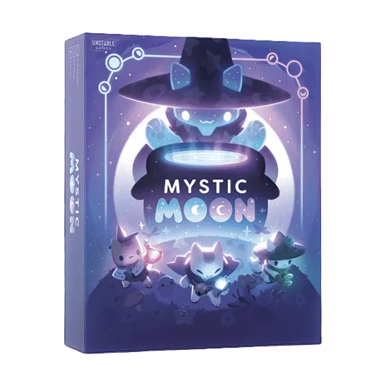 Mystic Moon (PREORDER) - Purple and blue box with glowing mystical cat characters around a campfire under a large cat silhouette wearing a witch hat,