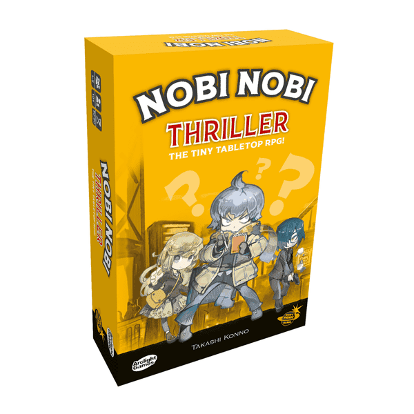 Nobi Nobi: Thriller (PREORDER) - Bright yellow box with cartoon-style characters in grayscale on the front, titled "Nobi Nobi Thriller" tabletop RPG.