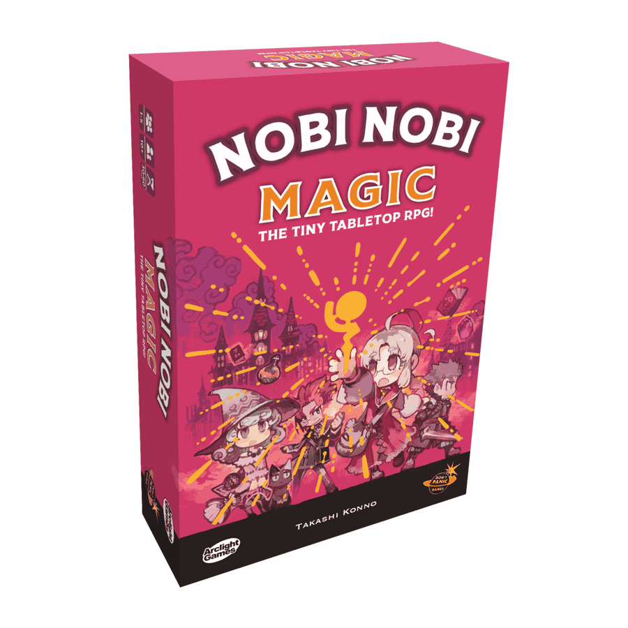 Nobi Nobi: Magic (PREORDER) - Bright pink box featuring whimsical fantasy characters in action with bold white and yellow "Nobi Nobi Magic" title on top.