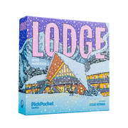 Lodge, Deluxe Edition (PREORDER) - Square board game box with snowy mountain village illustration and large pink "LODGE" title letters.