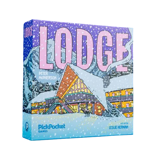 Lodge, Deluxe Edition (PREORDER) - Square board game box with snowy mountain village illustration and large pink "LODGE" title letters.