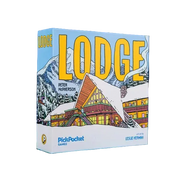 Lodge (PREORDER) - Compact board game box with colorful lodge illustration, snowy mountain backdrop, and bold yellow "LODGE" title.