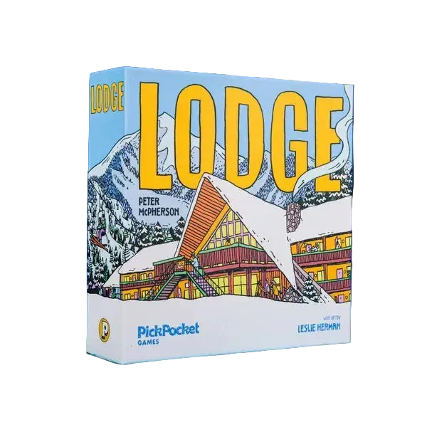Lodge (PREORDER) - Compact board game box with colorful lodge illustration, snowy mountain backdrop, and bold yellow "LODGE" title.