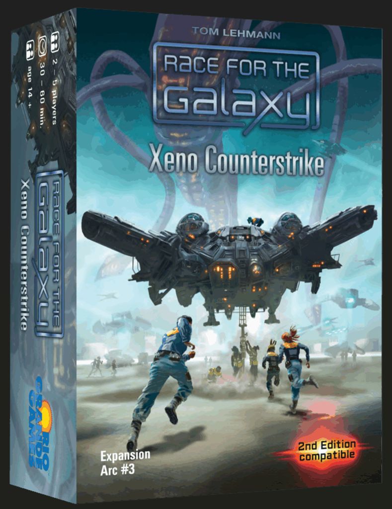 Race for the Galaxy: Xeno Counterstrike - Race for the Galaxy Xeno Counterstrike card game expansion box with futuristic spaceship and characters on blue background.