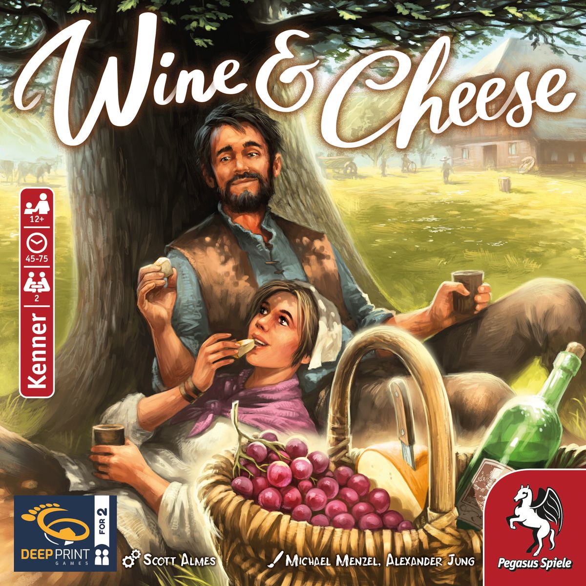 Wine & Cheese (PREORDER) - Game cover featuring a bearded man and woman enjoying wine and cheese outdoors with a picnic basket and vineyard background.