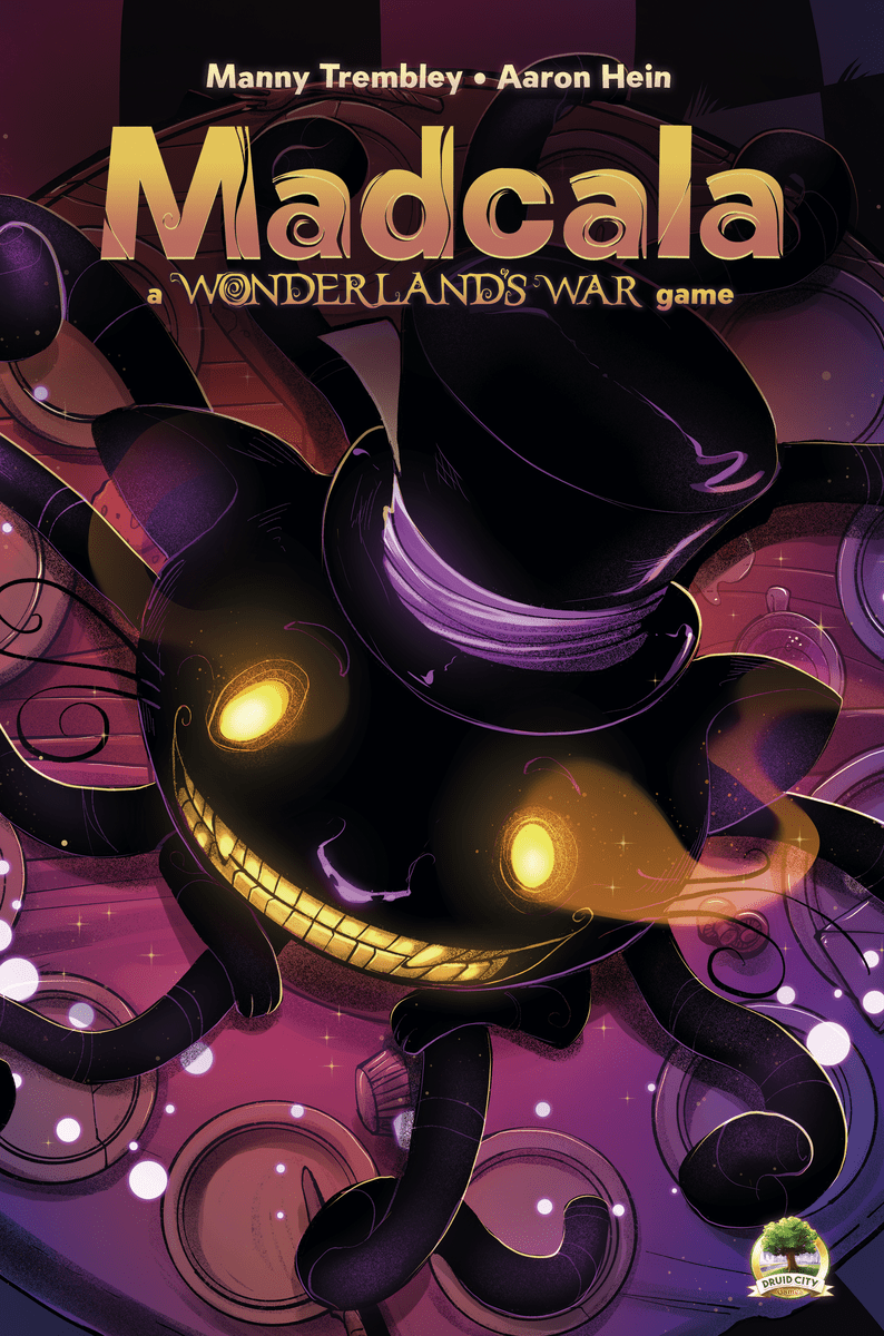 Madcala (PREORDER) - Dark purple octopus character with glowing yellow eyes and a top hat on a black background with purple smoke and bubbles.