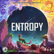 Entropy (PREORDER) - Strategy board game box with cosmic background, vibrant alien creatures, and bold white "ENTROPY" text centered.