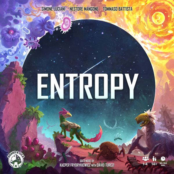 Entropy (PREORDER) - Strategy board game box with cosmic background, vibrant alien creatures, and bold white "ENTROPY" text centered.
