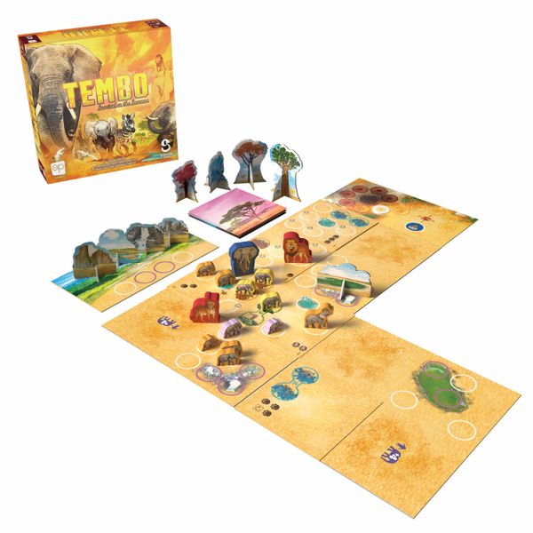 TEMBO: Survival on the Savanna (PREORDER) - TEMBO Survival on the Savanna board game with yellow-orange box, colorful animal and tree pieces, and segmented game board.