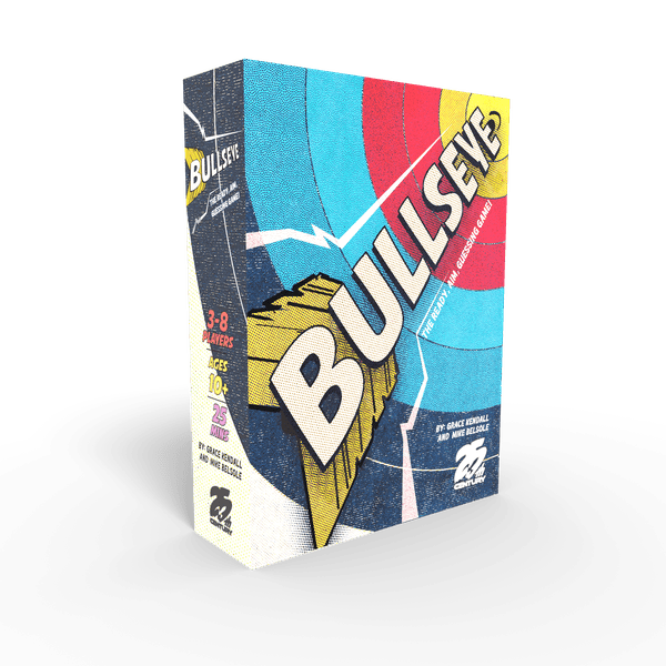 Bullseye (PREORDER) - Compact rectangular game box featuring a colorful dartboard design with red, blue, and white rings and bold yellow.