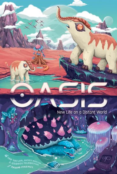 Oasis: New Life on a Distant World (PREORDER) - Colorful game box art showing an alien landscape with large mammoth-like creatures, futuristic plants, and a sci-fi setting.