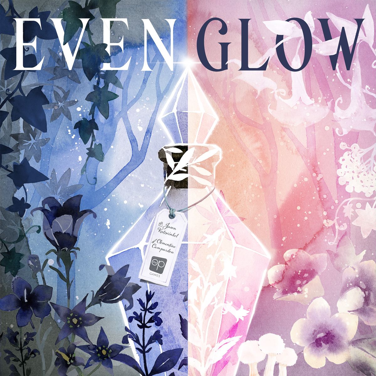 Evenglow (PREORDER) - Glass bottle with glowing pink and blue liquid, surrounded by dark purple flowers and soft pastel background.