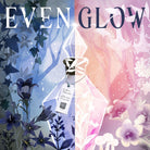 Evenglow (PREORDER) - Glass bottle with glowing pink and blue liquid, surrounded by dark purple flowers and soft pastel background.