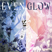 Evenglow (PREORDER) - Glass bottle with glowing pink and blue liquid, surrounded by dark purple flowers and soft pastel background.
