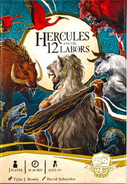 Hercules and the 12 Labors (PREORDER) - Colorful board game box with heroic Hercules wielding a club, surrounded by mythic beasts on a blue background.