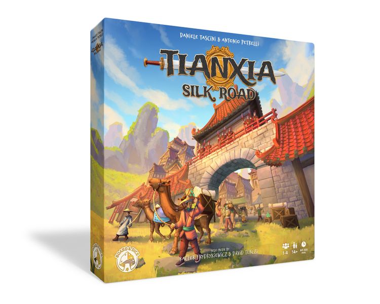 Tianxia: Silk Road Expansion (PREORDER) - Colorful game box featuring an ancient Silk Road scene with travelers, camels, and a red-roofed stone gate under a blue sky.
