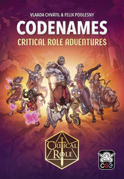 Codenames: Critical Role Adventures (PREORDER) - Codenames board game box with fantasy characters in dynamic poses on a fiery orange background, featuring Critical Role logo