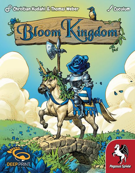 Bloom Kingdom (PREORDER) - Colorful card game box featuring a knight in shining armor holding a blue rose, riding a white horse with floral decorations