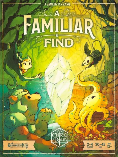 A Familiar Find - Colorful game box with a glowing crystal at the center, surrounded by whimsical forest animals and lush greenery.
