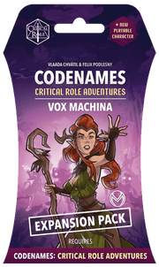 Codenames: Critical Role Adventures - Vox Machina Expansion Pack (PREORDER) - Purple rectangular box for Codenames Critical Role Adventures Vox Machina expansion pack featuring an illustrated red-haired
