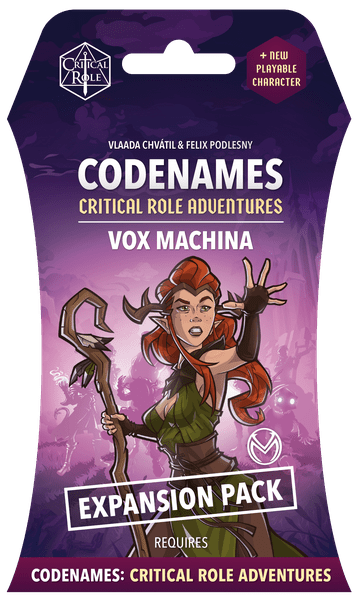 Codenames: Critical Role Adventures - Vox Machina Expansion Pack (PREORDER) - Purple rectangular box for Codenames Critical Role Adventures Vox Machina expansion pack featuring an illustrated red-haired