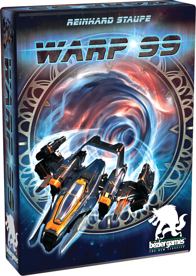 Warp 99 (PREORDER) - Warp 99 card game box featuring futuristic spaceship and cosmic vortex design in blue and orange tones.