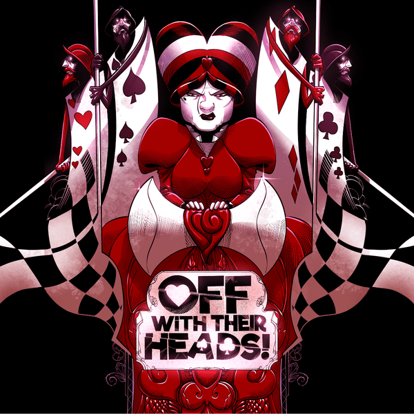 Off With Their Heads! (PREORDER) - Dark-themed card game box with a red, black, and white queen figure and stylized playing card suits background.
