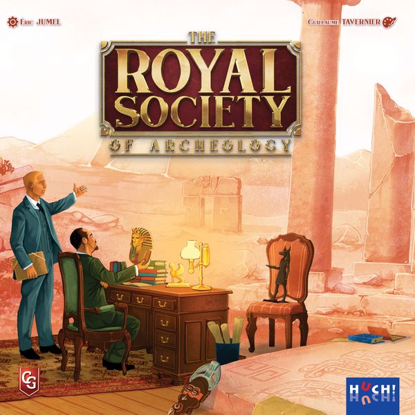 Royal Society of Archeology (PREORDER) - Board game cover featuring two men in vintage attire discussing artifacts in a grand archaeological room with ancient.