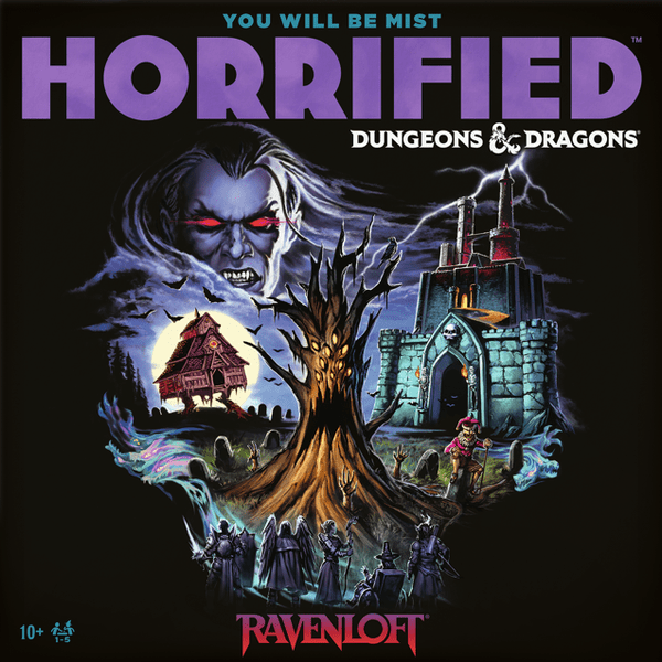 Horrified: Dungeons & Dragons - Ravenloft (PREORDER) - Dark fantasy board game box with eerie blue and purple tones, featuring a menacing vampire face, a twisted tree, a haunted.