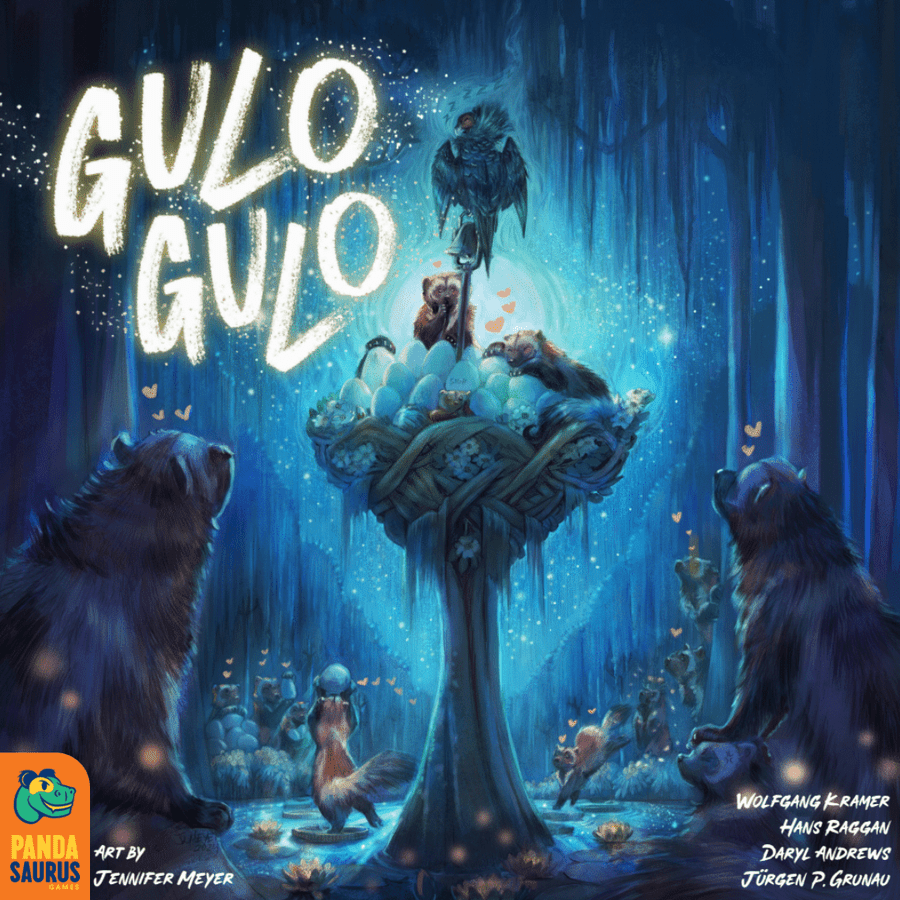 Gulo Gulo (PREORDER) - Dark blue fantasy book cover featuring a glowing tree stump with small creatures and two large wolves on either side under a