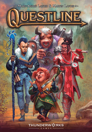 Questline (PREORDER) - A blue-robed mage, a red-armored demon, a green-clad dwarf, and a minotaur warrior, with the title "Questline" in bold.