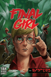 Final Girl: The Raptor Games (PREORDER) - Board game box cover featuring a determined woman with glasses and braided hair surrounded by green jungle leaves and small.