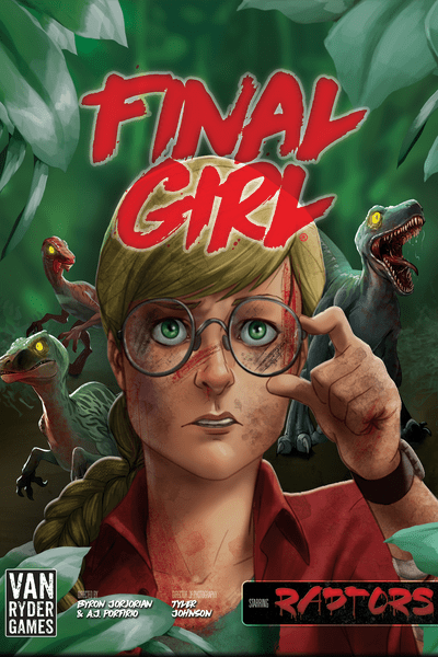 Final Girl: The Raptor Games (PREORDER) - Board game box cover featuring a determined woman with glasses and braided hair surrounded by green jungle leaves and small.